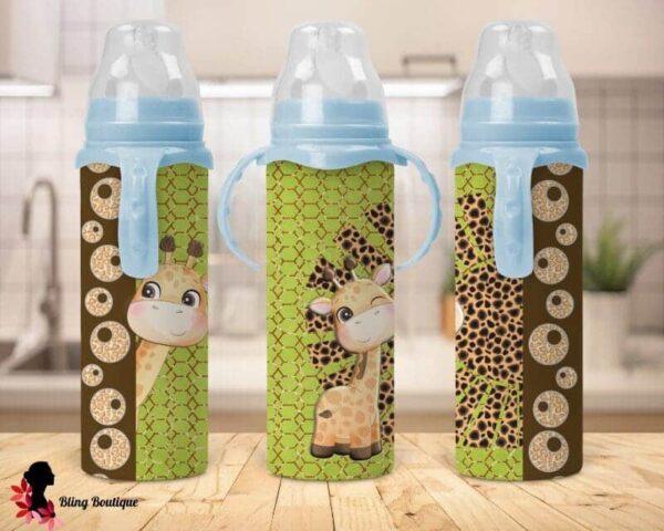 Giraffe & Flower Baby Bottle - Blue